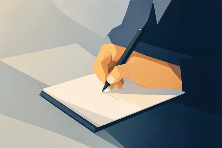 Advogado escrevendo em um bloco de notas com uma caneta, em uma mesa de escritório.