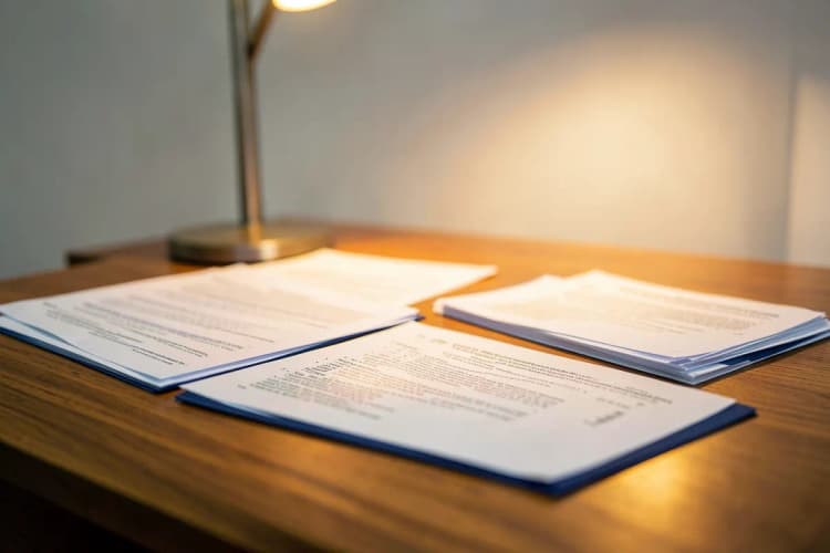 Um advogado examinando documentos em uma mesa de escritório com uma luminária acesa, com uma janela desfocada ao fundo.