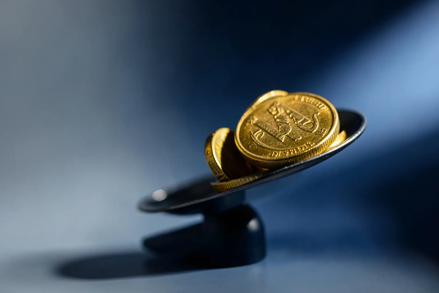 Uma balança da justiça em close-up, com uma pilha de moedas de ouro ao lado, sobre um fundo escuro e texturizado.