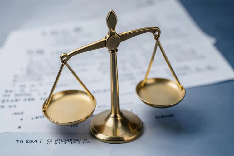 Uma balança da justiça desequilibrada sobre um fundo de documentos legais.