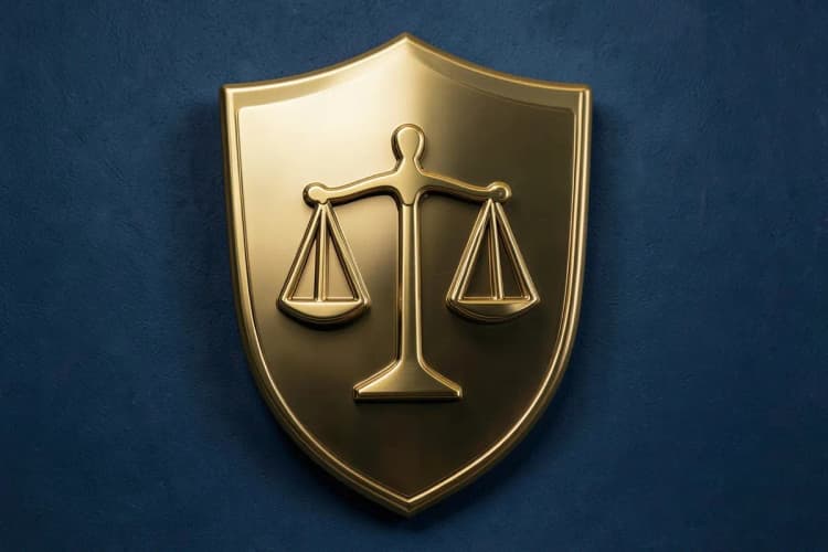 Um escudo de metal com o símbolo da justiça em relevo, em um fundo escuro.