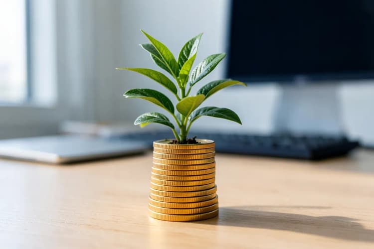 Uma planta crescendo através de moedas de ouro empilhadas, em um ambiente de escritório.