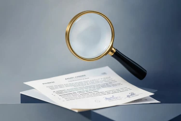 Uma lupa examinando um contrato com selos e assinaturas.