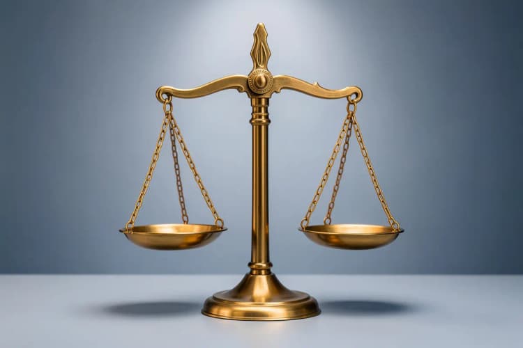 Uma balança da justiça equilibrada, simbolizando a defesa e o processo legal.
