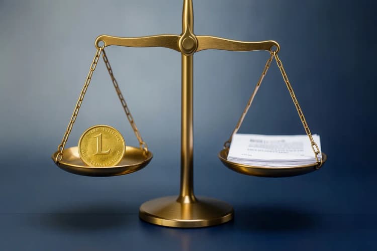 Uma balança da justiça com uma moeda de ouro em um prato e um documento legal no outro, simbolizando o equilíbrio entre dívida e lei