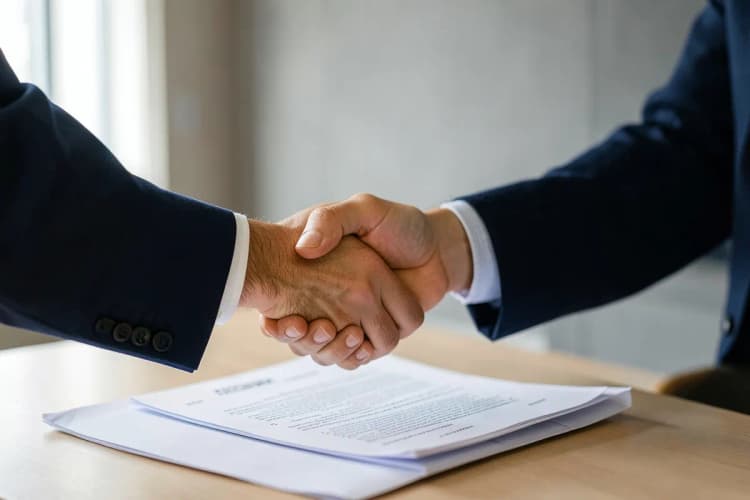 Um aperto de mão firme sobre um contrato, simbolizando acordo e resolução em questões financeiras e legais