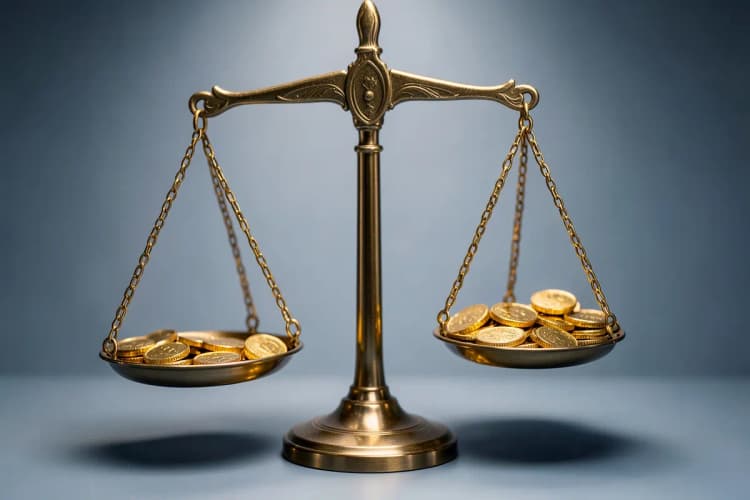 Uma balança da justiça com um prato vazio e outro com moedas de ouro, em plano detalhe, com luz dramática vinda de cima.