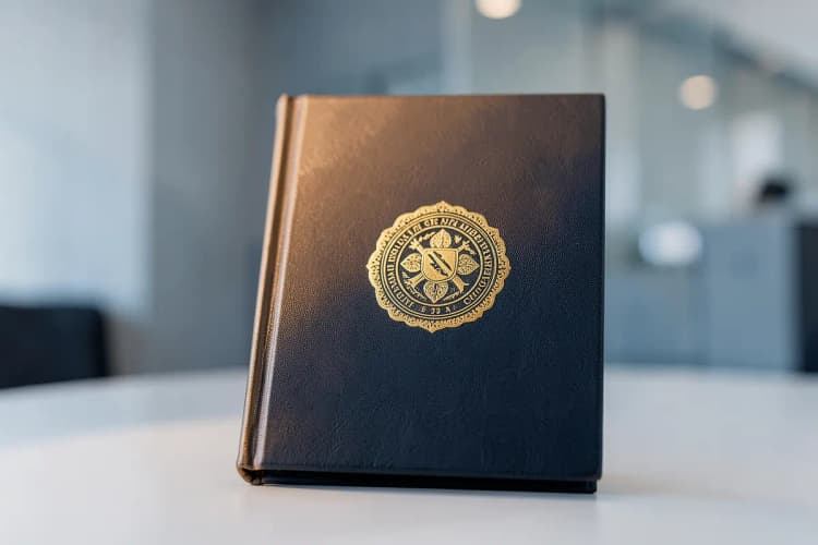Um livro de capa dura fechado com um selo dourado, em plano detalhe, com luz lateral vinda da esquerda.