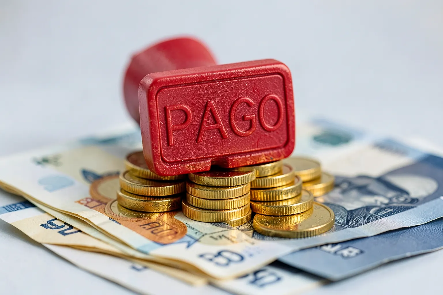 Um carimbo de borracha com a palavra "PAGO" em tinta vermelha sobre uma pilha de moedas de ouro e notas de dinheiro dobradas, em close-up, com luz de estúdio vindo de cima.