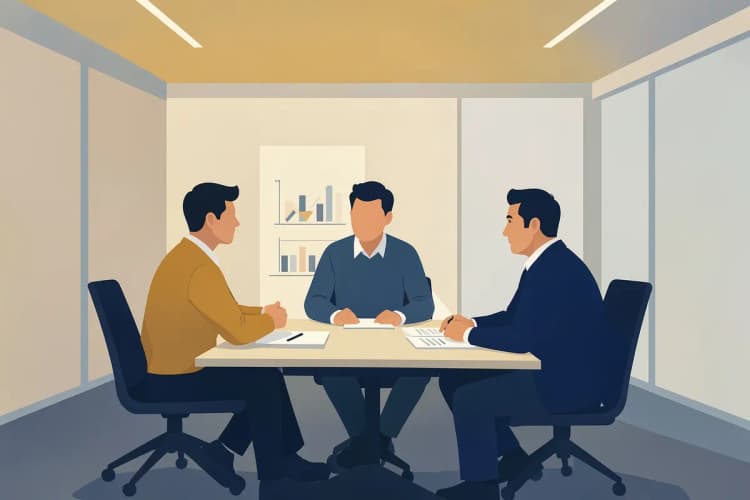 Três pessoas em reunião de negócios discutindo gráficos em uma sala de conferências moderna, com luz ambiente suave.