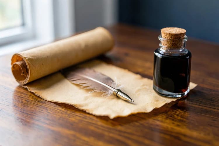 Uma única pena de tinta pousada sobre um pergaminho antigo aberto, com uma garrafa de tinta ao lado em uma mesa de madeira.