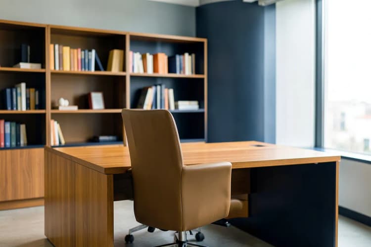 Um escritório moderno e organizado com uma mesa de madeira, uma cadeira de couro e uma estante de livros cheia, com luz natural entrando pela janela.