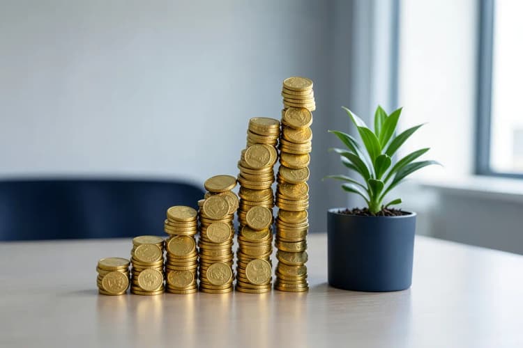Um gráfico de barras ascendente feito de moedas de ouro e notas de dinheiro, com uma planta crescendo ao lado, em um fundo de mesa de escritório.