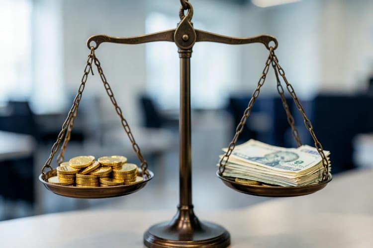 Uma balança de justiça com moedas de ouro de um lado e notas de dinheiro do outro, em um fundo desfocado de escritório.