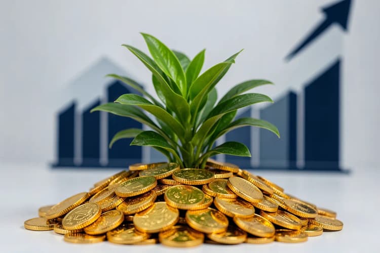 Uma planta crescendo a partir de um monte de moedas de ouro, com um gráfico de barras ascendente ao fundo.
