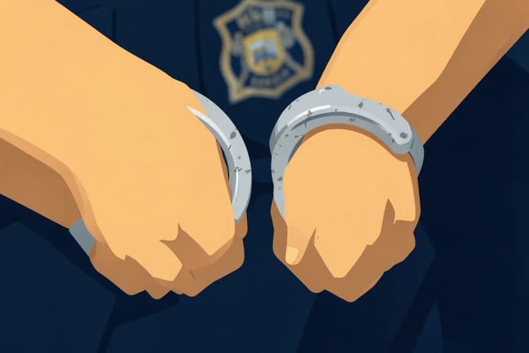 Mãos algemadas em primeiro plano, com um distintivo de polícia desfocado ao fundo