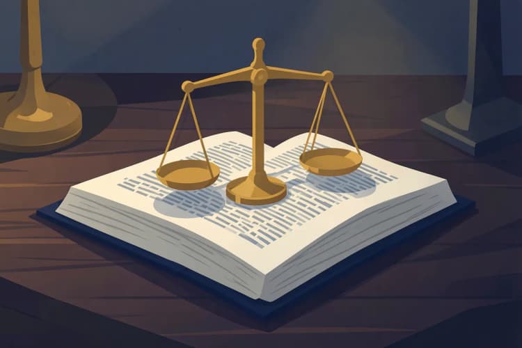 Uma balança da justiça em cima de um livro aberto sobre uma mesa de madeira