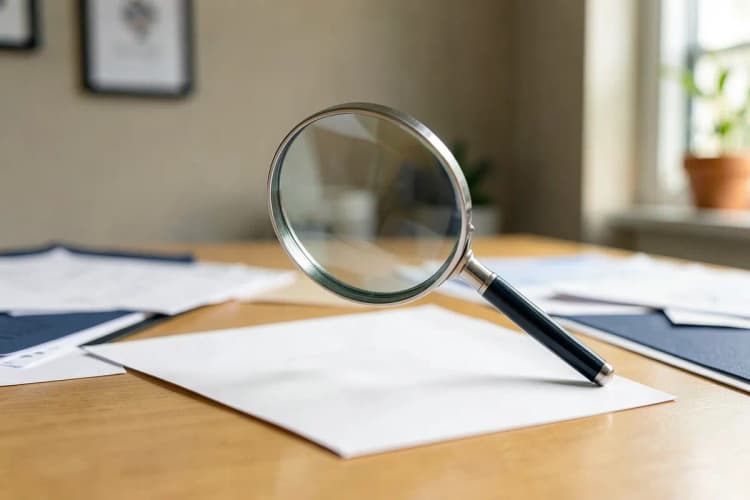 Um escritório com papéis espalhados e uma lupa sobre um documento, sugerindo investigação.