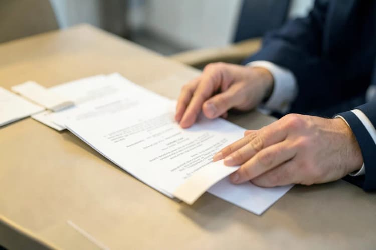 Uma pessoa organizando documentos em uma mesa, representando a organização de informações.