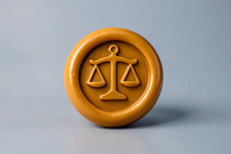 Um selo de cera com um símbolo de balança, representando justiça e conformidade.