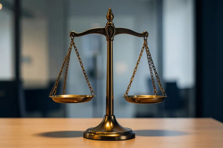 Uma balança de justiça desequilibrada, representando a incerteza legal.