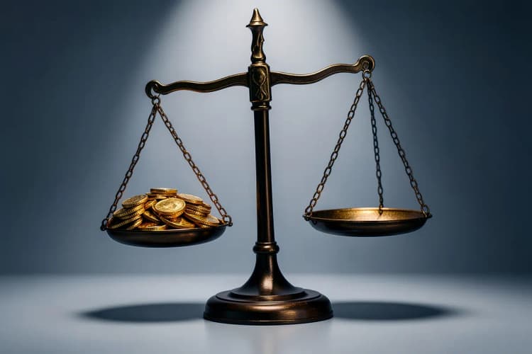 Uma balança da justiça desequilibrada, com um lado pesando moedas de ouro e o outro lado vazio, representando a ilegalidade e o desequilíbrio de um planejamento tributário abusivo.