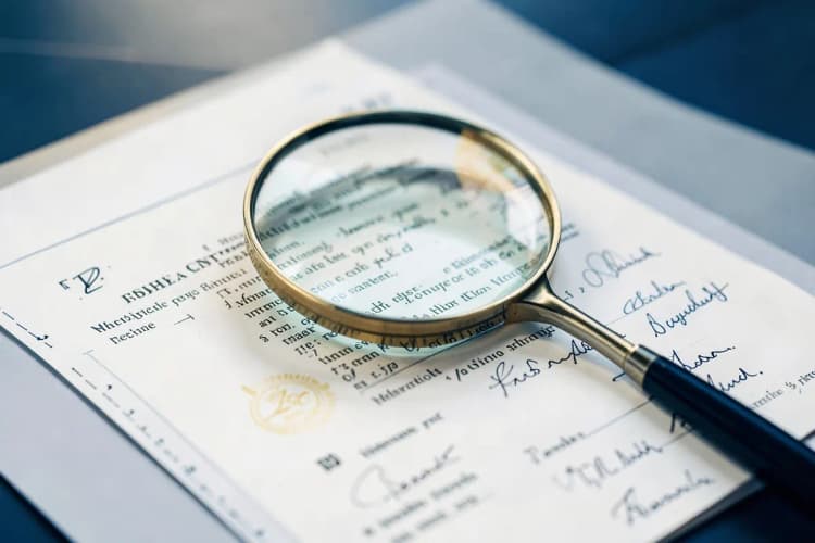 Uma lupa examinando um documento legal com selos e assinaturas, simbolizando a análise detalhada em conflitos societários de alta complexidade.