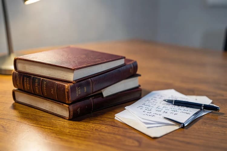 Uma pilha de livros de direito e um bloco de notas com anotações, em uma mesa de escritório.