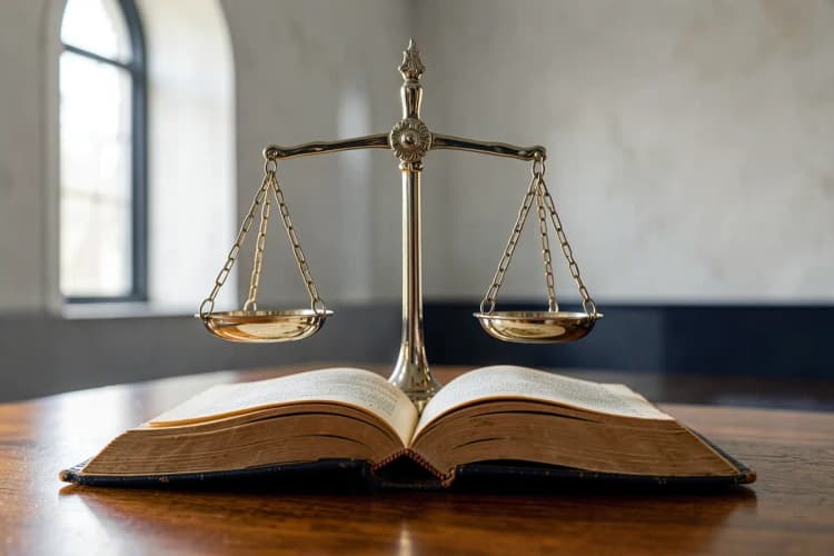 Uma balança da justiça em cima de um livro de leis aberto, em um ambiente de tribunal.
