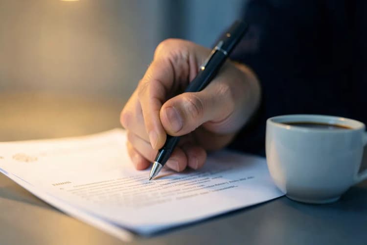 Uma pessoa escrevendo em um documento com uma caneta, com uma xícara de café ao lado, em uma mesa.
