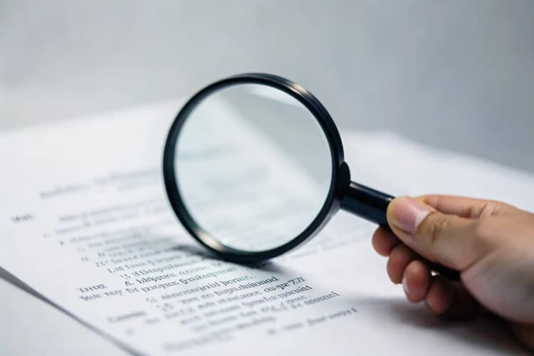 Uma mão segurando uma lupa sobre um documento legal, simbolizando análise e ajuda.