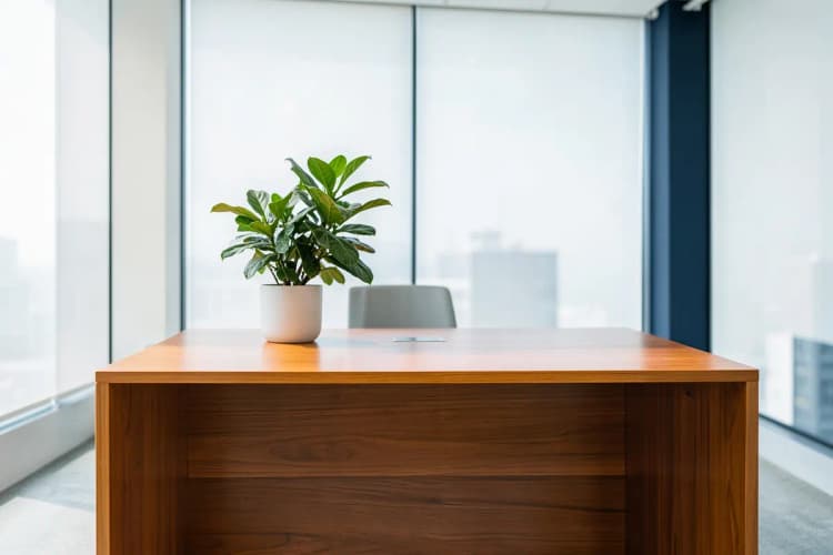 Uma cena ampla de um escritório moderno com uma mesa de madeira, uma planta em vaso e luz natural entrando pela janela, sem pessoas.