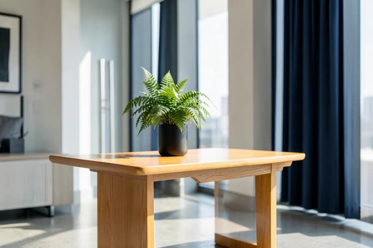 Uma cena ampla de um escritório com uma mesa de madeira, uma planta em vaso e luz natural entrando pela janela, sem pessoas.